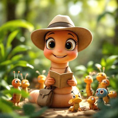The primary subject of the image is a cartoon character, specifically a girl with a book, sitting in a forest. The setting is a lush green forest with trees and plants surrounding the character. The visual style is a digital art or illustration, giving the scene a vibrant and colorful appearance. The colors and mood of the image are cheerful and lively, with the character and her surroundings depicted in a whimsical and imaginative manner.